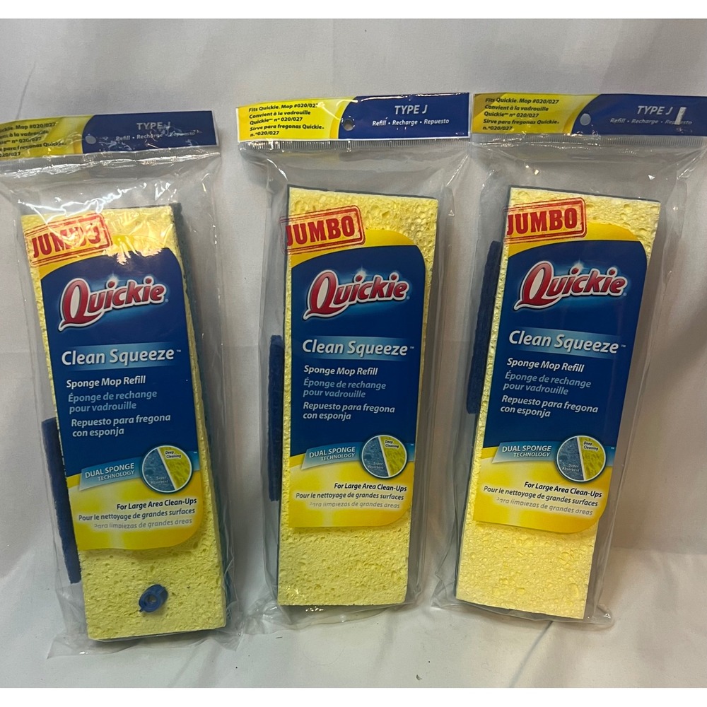 Lot of 3 Quickie Clean Squeeze Sponge Mop Refill Type J Fits Mop #020/027 Jumbo